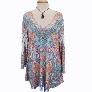 Reba Womens L Multicolor Paisley Beaded V-Neck Knit Tunic Top NWT Made USA
